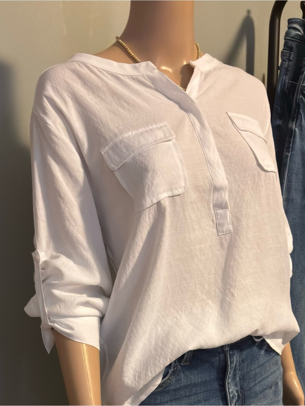 HEIMISH USA White Buttonless V-Neck Linen Blouse